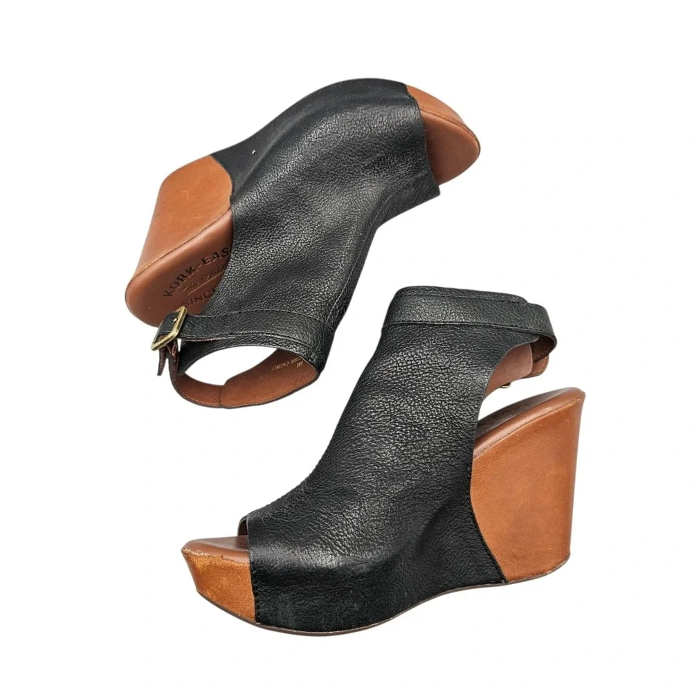 Kork-Ease Berit Black Leather Peep Toe Wedge Slingback Sandals Heels Women's 6 M